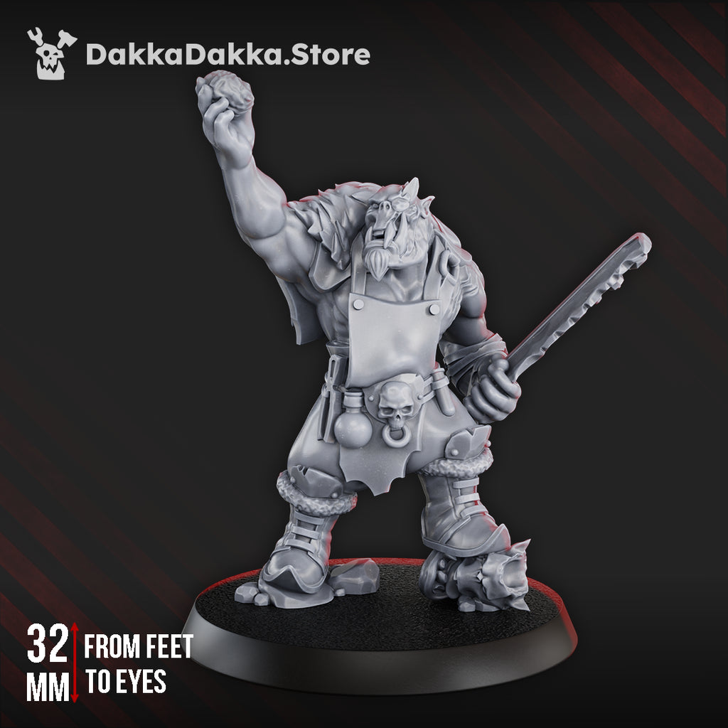 Heala Khan Kork miniature by DakkaDakka, showing a sci-fi orc medic character with raised hand, jagged blade, apron, skull details, and fur cloak.
