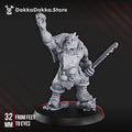 Heala Khan Kork miniature by DakkaDakka, showing a sci-fi orc medic character with raised hand, jagged blade, apron, skull details, and fur cloak.