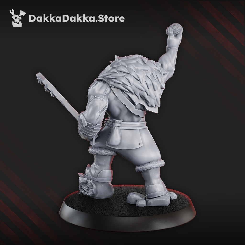 Rear view of Heala Khan Kork by DakkaDakka, showing the sci-fi orc medic’s fur cloak, raised arm, blade, boots, and back detail.