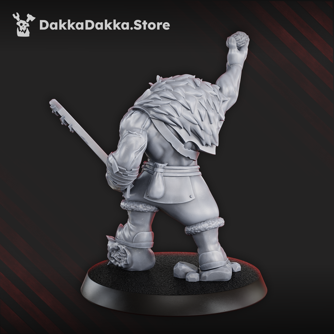 Rear view of Heala Khan Kork by DakkaDakka, showing the sci-fi orc medic’s fur cloak, raised arm, blade, boots, and back detail.