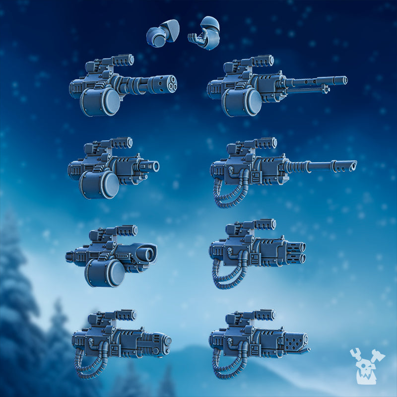 Side-view layout of the Stormbringers Heavy Weapon Upgrade by DakkaDakka showing resin heavy weapon bits and arm components for Stormbringer squad conversions.