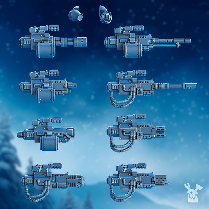 Stormbringers Heavy Weapon Upgrade by DakkaDakka showing multiple heavy sci-fi resin weapon options and arm components arranged on a blue background.