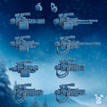 Stormbringers Heavy Weapon Upgrade by DakkaDakka showing multiple heavy sci-fi resin weapon options and arm components arranged on a blue background.