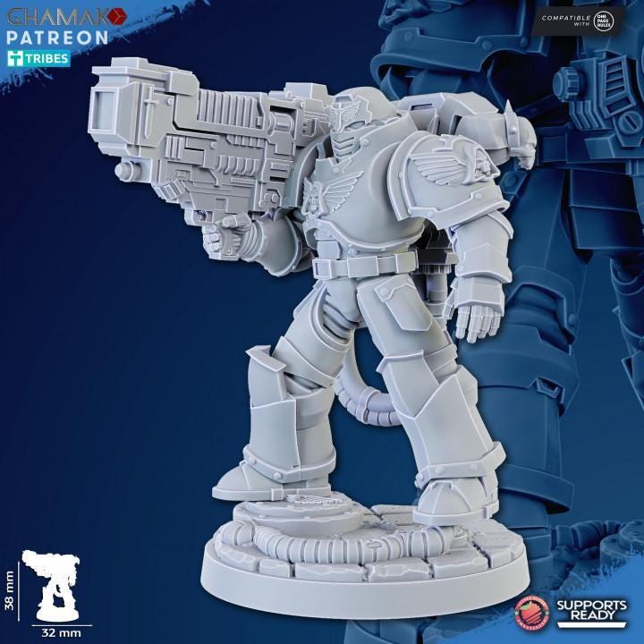 Close-up of Ghamak Heavy Plasma Devastator resin miniature showing plasma cannon, cable detail, and armored torso sculp
