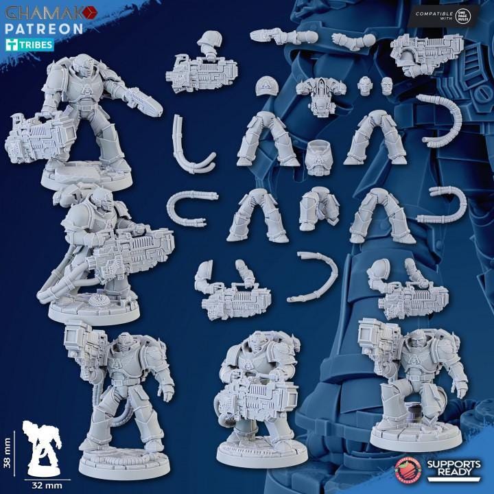Unassembled resin parts of Ghamak Heavy Plasma Devastator kit — legs, arms, bust, heads, backpack, shoulder pads, and cables