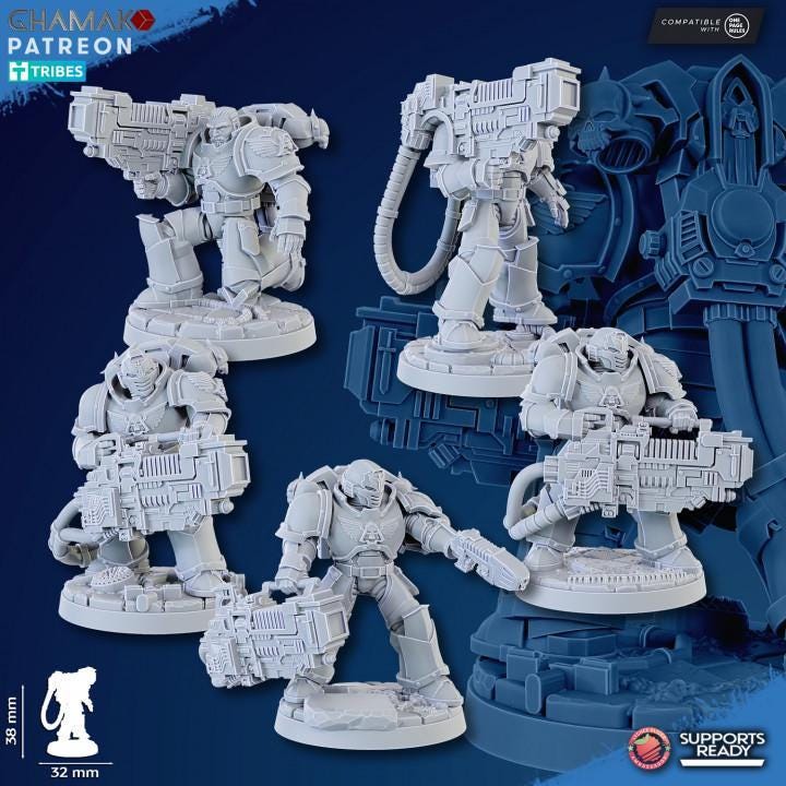 Ghamak Heavy Plasma Devastator squad — resin-printed sci-fi infantry with oversized plasma cannons on 32mm sculpted bases.