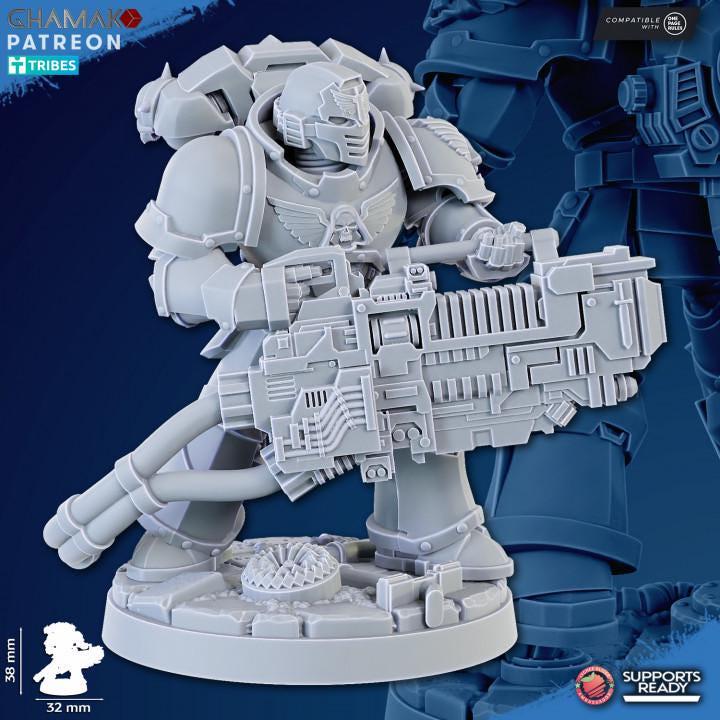 Close-up of Ghamak Heavy Plasma Devastator resin miniature showing plasma cannon, cable detail, and armored torso sculp