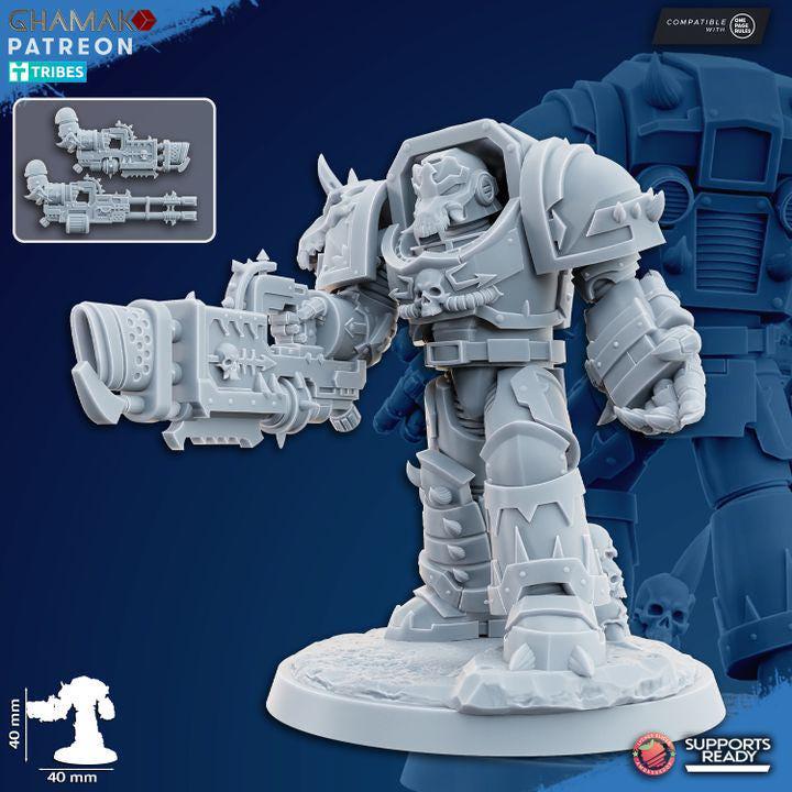 Detailed view of a heavy grimdark infantry soldier holding a modular heavy flame weapon and power fist.