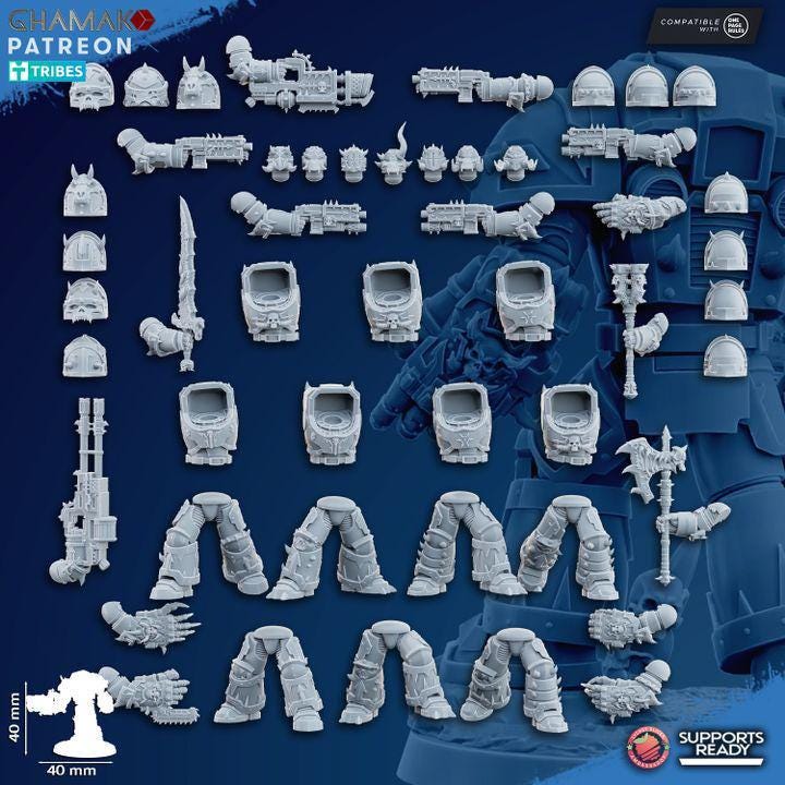 Modular resin weapon attachments including energy claws, heavy rifles, and melee blades for Exterminator models.