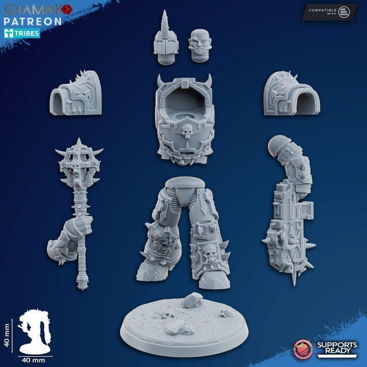 Individual resin 3D print pieces and base components for the Exterminator Lord kit.