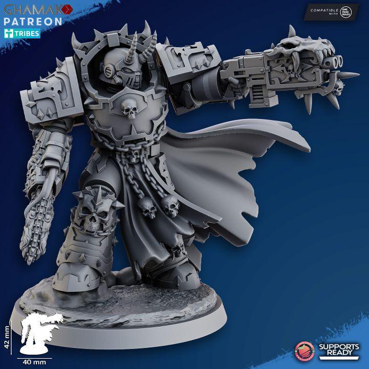 Ghamak Heretic Exterminator Lord tabletop miniature with heavy armor and sci-fi weaponry.