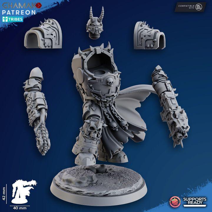 Individual resin 3D print pieces and base components for the Exterminator Lord v2 kit.