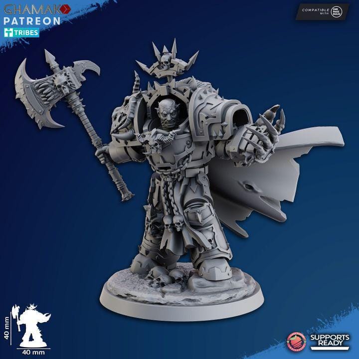 Ghamak Heretic Exterminator Lord tabletop miniature with heavy armor and sci-fi weaponry