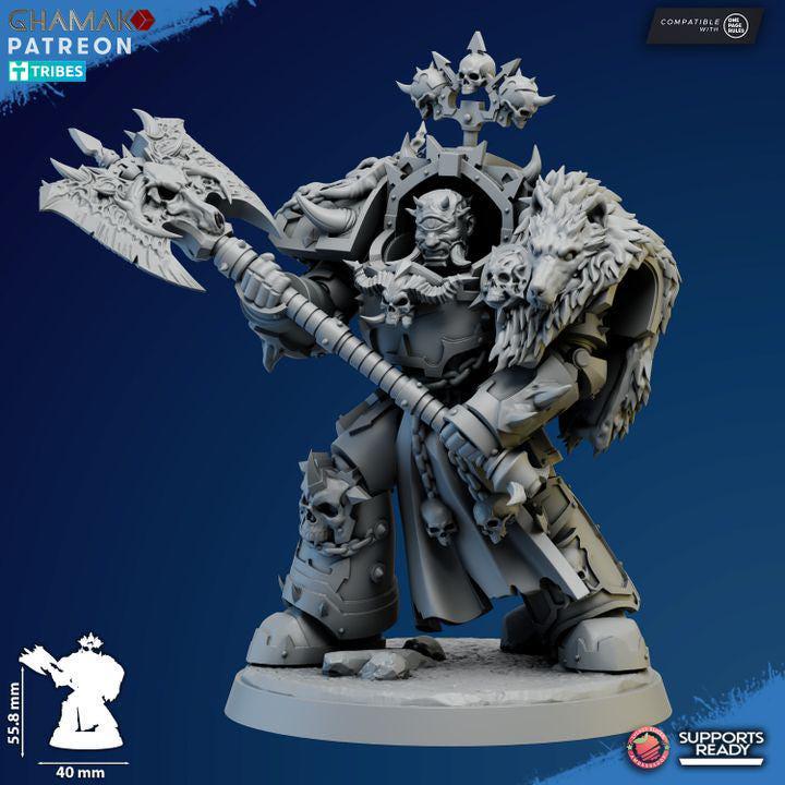 Ghamak Heretic Exterminator Lord tabletop miniature with heavy armor and sci-fi weaponry.