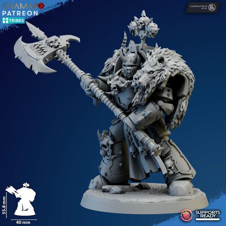 Ghamak Heretic Exterminator Lord tabletop miniature with heavy armor and sci-fi weaponry.