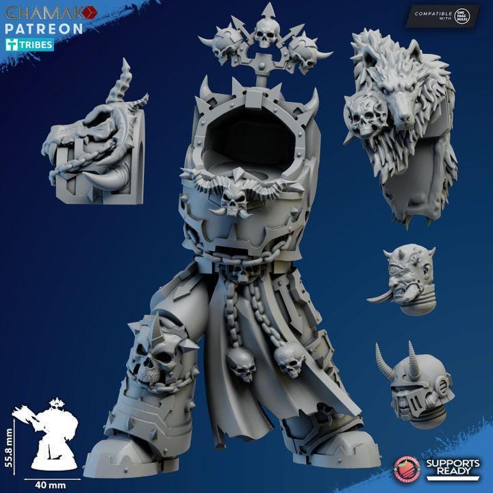 Individual resin 3D print pieces and base components for the Exterminator Lord kit.