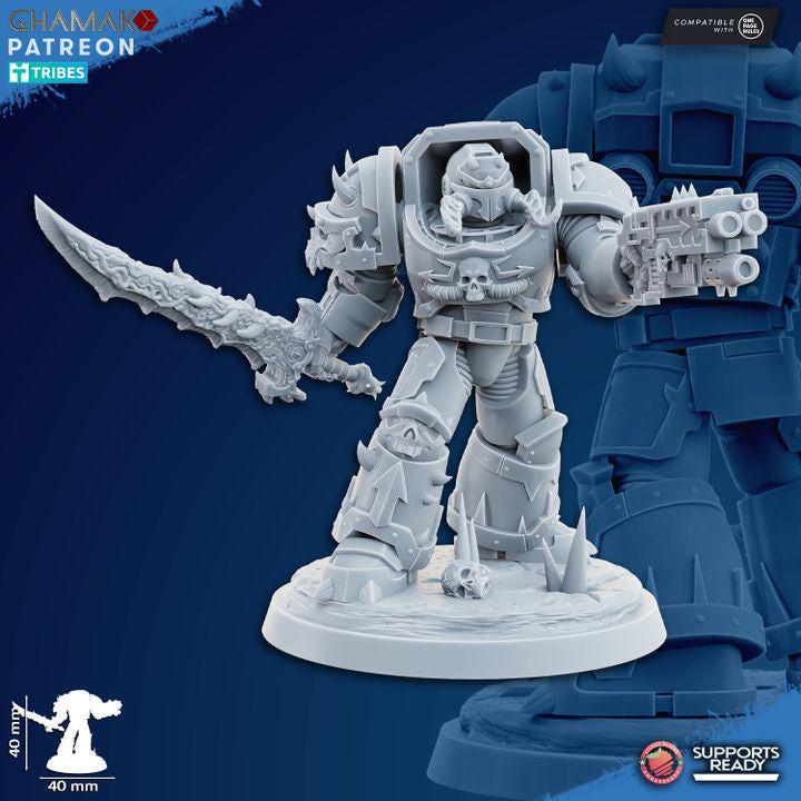 Detailed view of a heavy grimdark infantry soldier holding a weapon and sword.