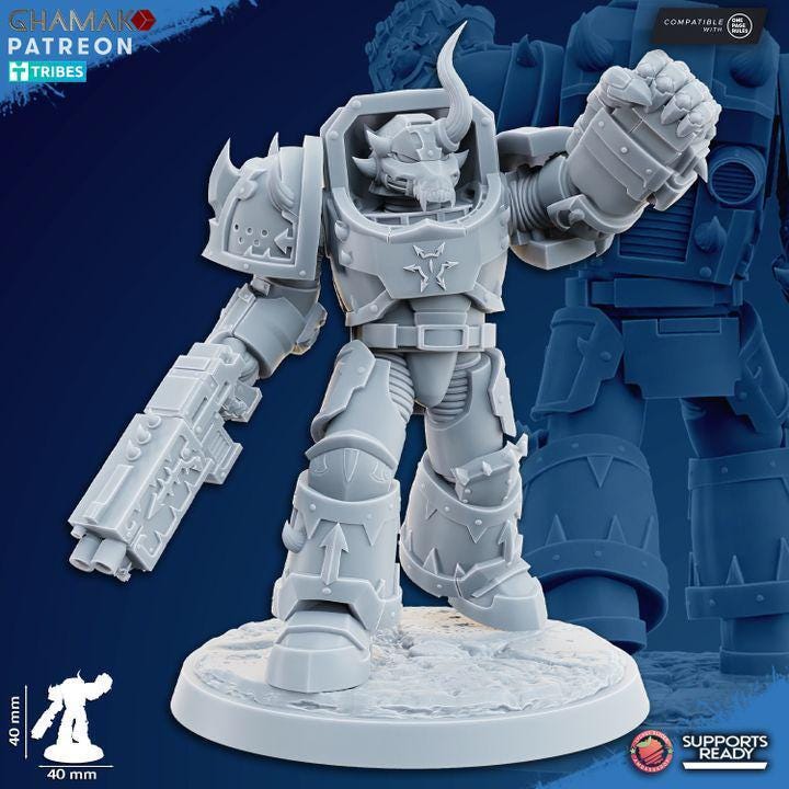 Detailed view of a heavy grimdark infantry soldier holding a modular weapon and power fist.