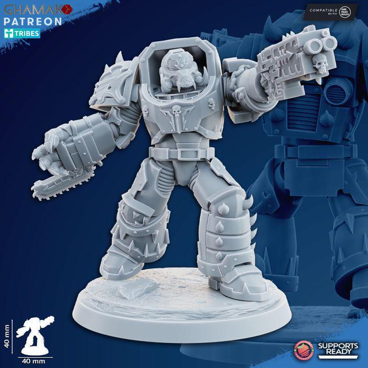 Detailed view of a heavy grimdark infantry soldier