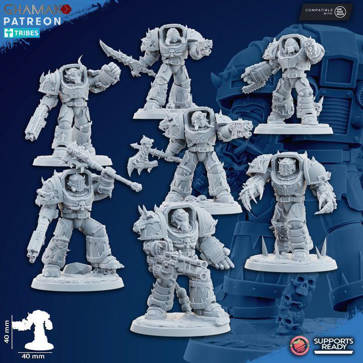 Squad of 5 Ghamak Heretic Exterminator miniatures in heavy sci-fi exo-armor with modular weapon options