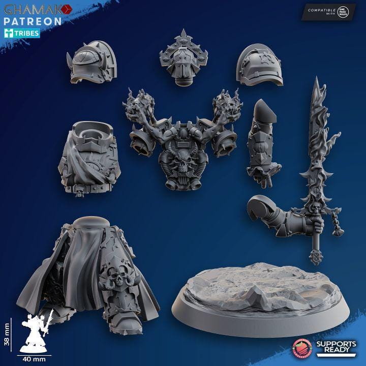 Individual resin 3D print pieces and base components for the Exterminator Lord kit.