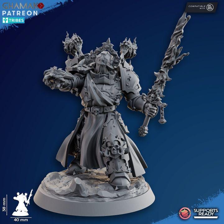 Ghamak Heretic Warlock tabletop miniature with heavy armor and sci-fi weaponry