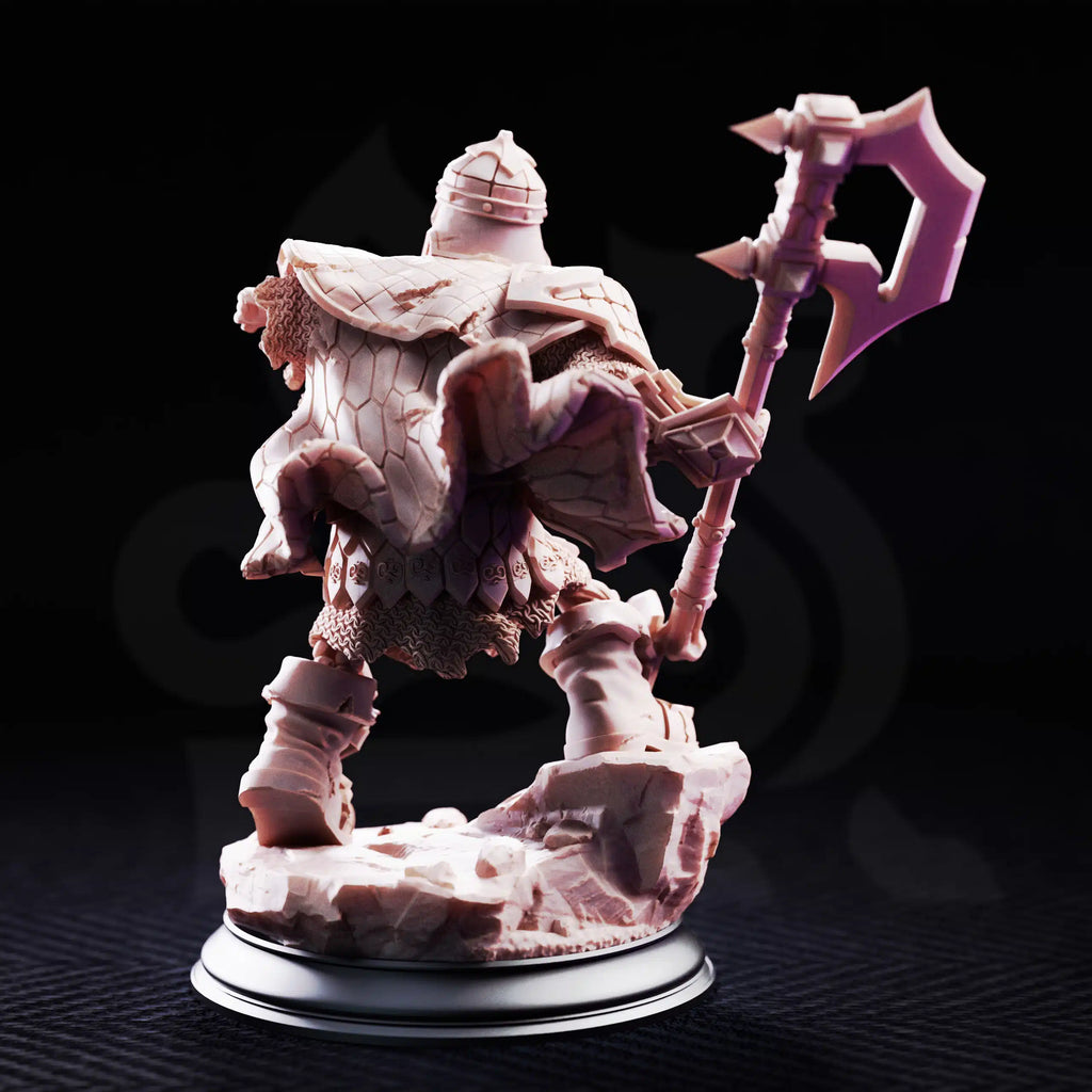 Rear view of Hook, undead dwarven brother miniature by DM Stash, showing armor, cloak, weapon, and sculpted back details.