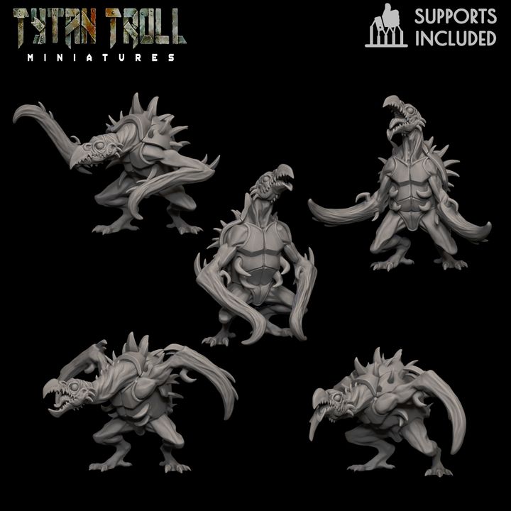 Hook Horror Squad by TytanTroll Miniatures, showing five clawed cave monster resin miniatures for fantasy RPG dungeon encounters.