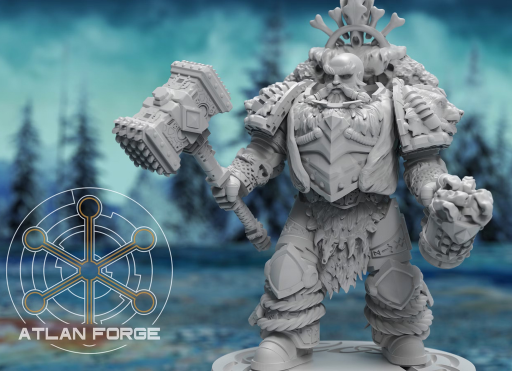 Hrungir, Asgardian Champion in ornate heavy sci-fi armor by Atlan Forge