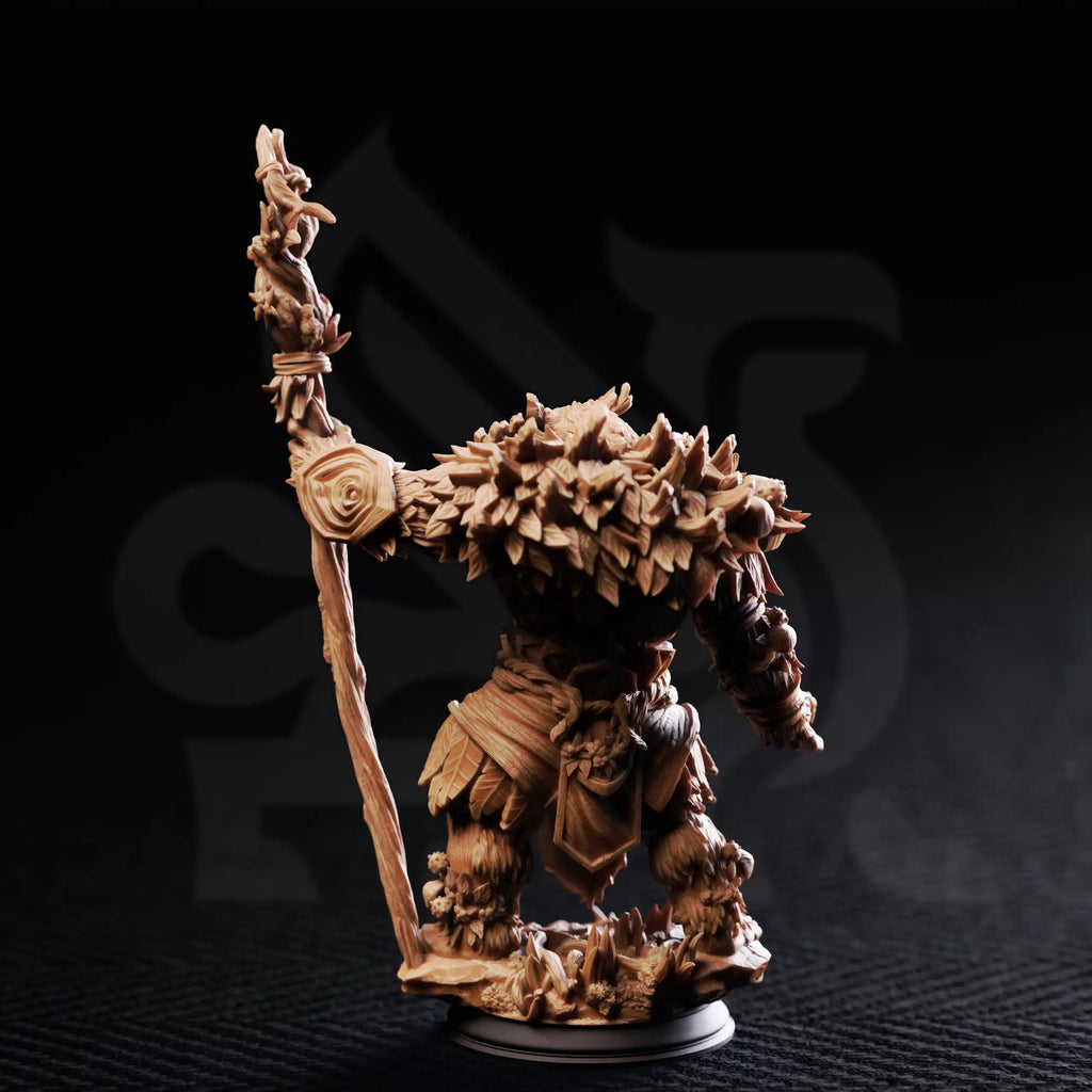 Rear view of Hvitabjörn werebear druid miniature showing detailed fur, cloak, foliage, and staff
