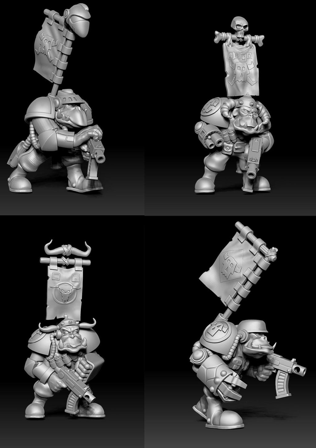 Four Guttertech Brute Squad sci-fi resin miniatures with heavy armor, blasters, helmets, and assorted banner accessories for tabletop wargaming.