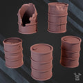 Five 3D‑printed industrial barrels from the DakkaDakka Industrial Barrel Terrain Set, featuring crushed, cracked, dented, and broken designs in a high‑detail sculpt.