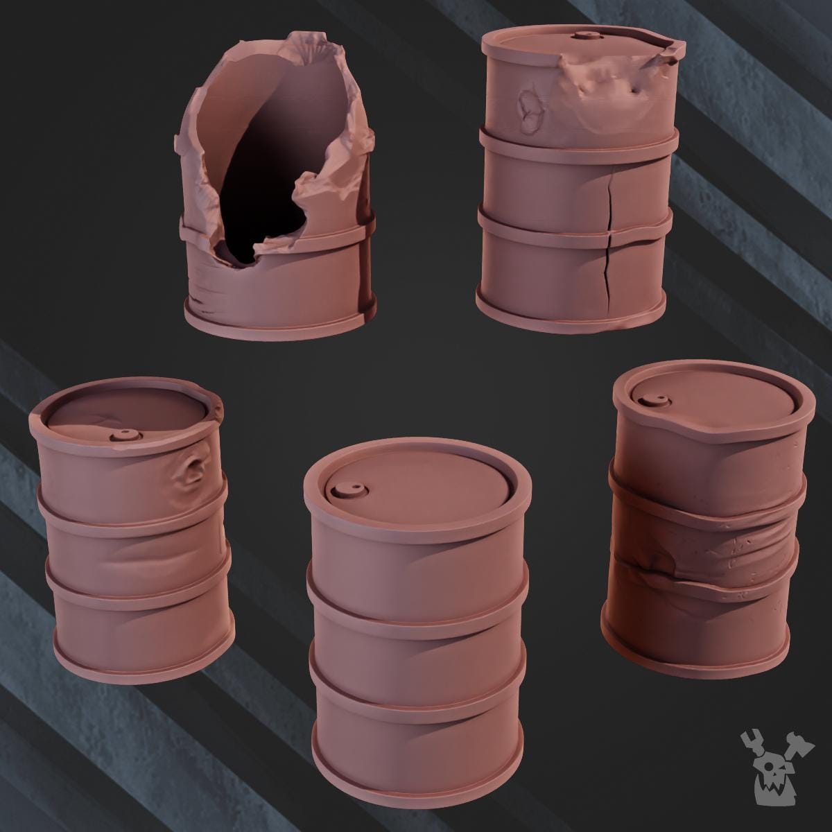 Five 3D‑printed industrial barrels from the DakkaDakka Industrial Barrel Terrain Set, featuring crushed, cracked, dented, and broken designs in a high‑detail sculpt.