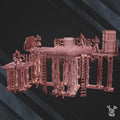Fully assembled resin industrial terrain set by DakkaDakka displayed on a dark background, featuring platforms, support columns, ladders, piping, and several miniatures positioned around the structure.