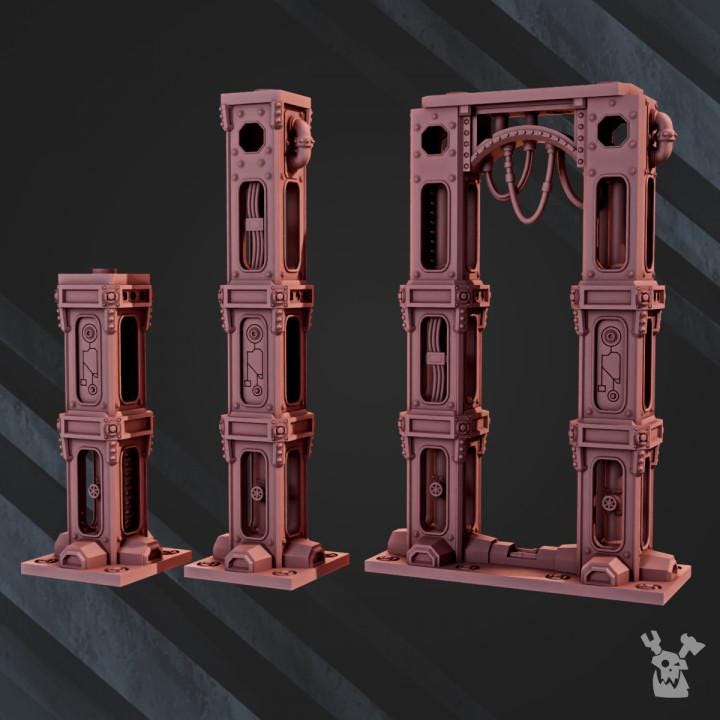 Assorted resin 3D‑printed industrial terrain pieces by DakkaDakka.