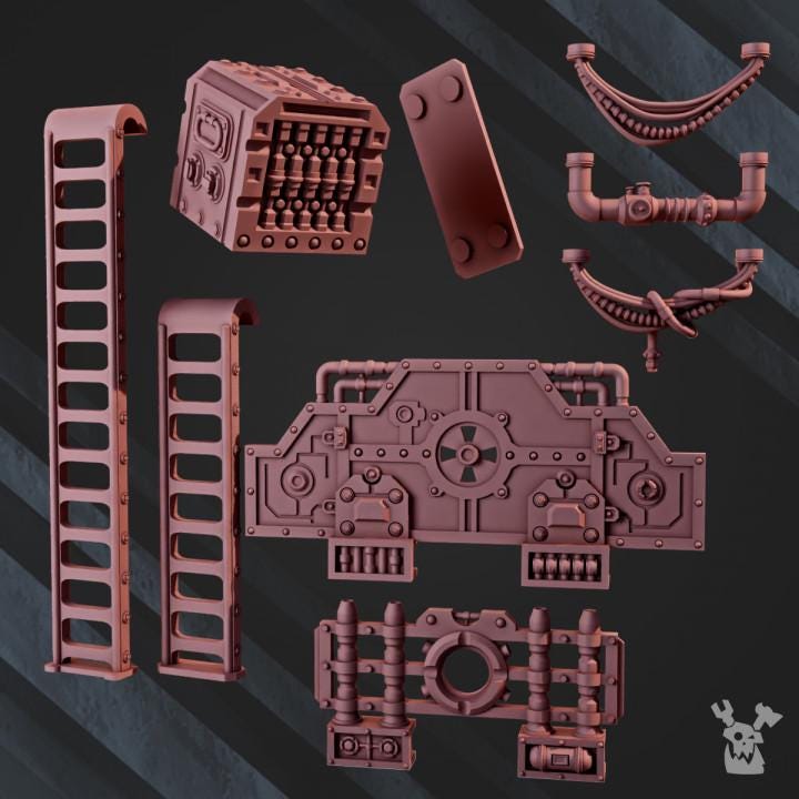Assorted resin 3D‑printed industrial terrain pieces by DakkaDakka shown on a dark background, including ladders, pipes, wall panels, vents, and mechanical components.