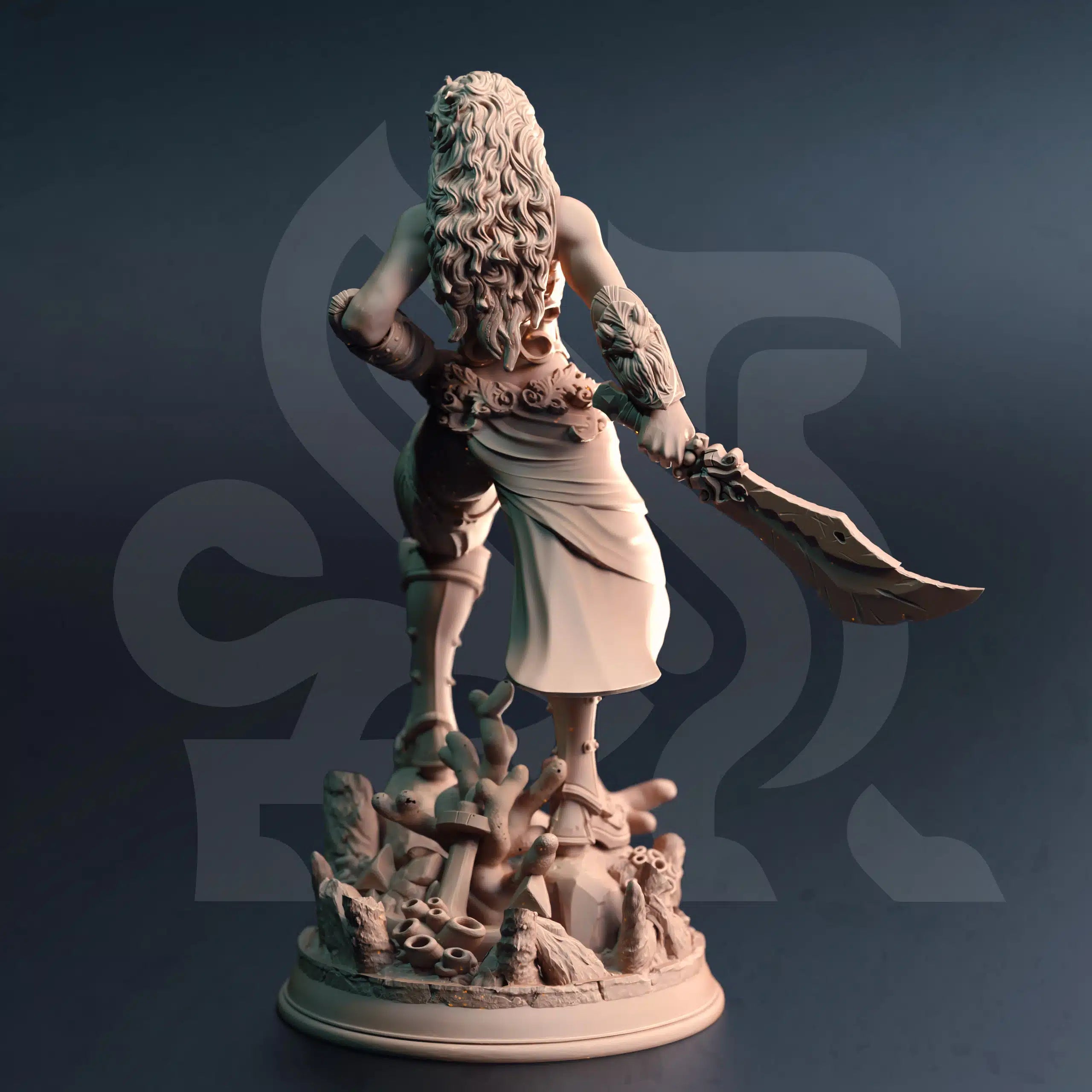 Rear view of Inedra-Ki The Wave Breaker miniature by DM Stash, ocean fighter NPC with armor, blade, and nautical scenic base.