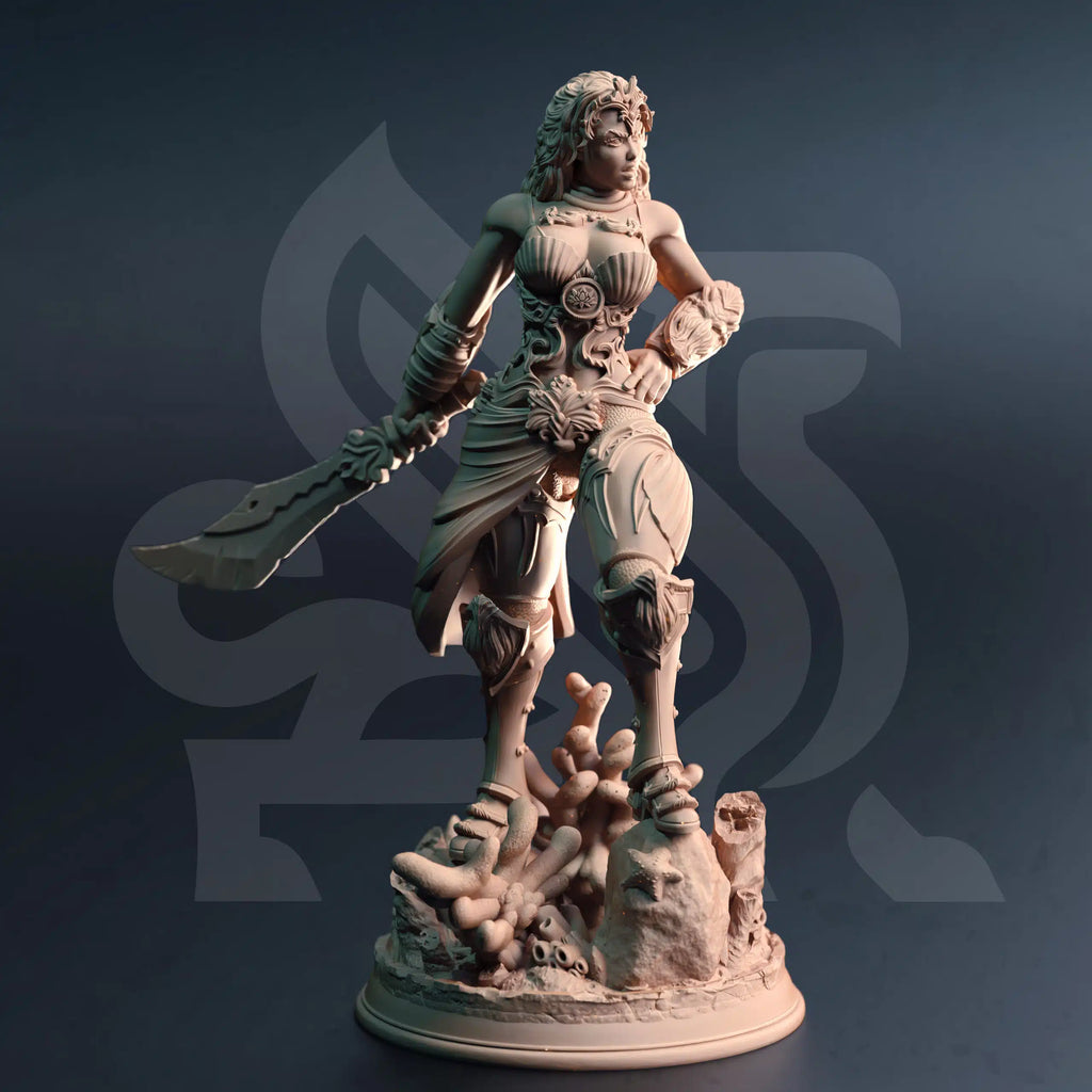 Inedra-Ki The Wave Breaker Elemi fighter miniature by DM Stash, resin printed ocean warrior NPC for fantasy tabletop RPG campaigns.