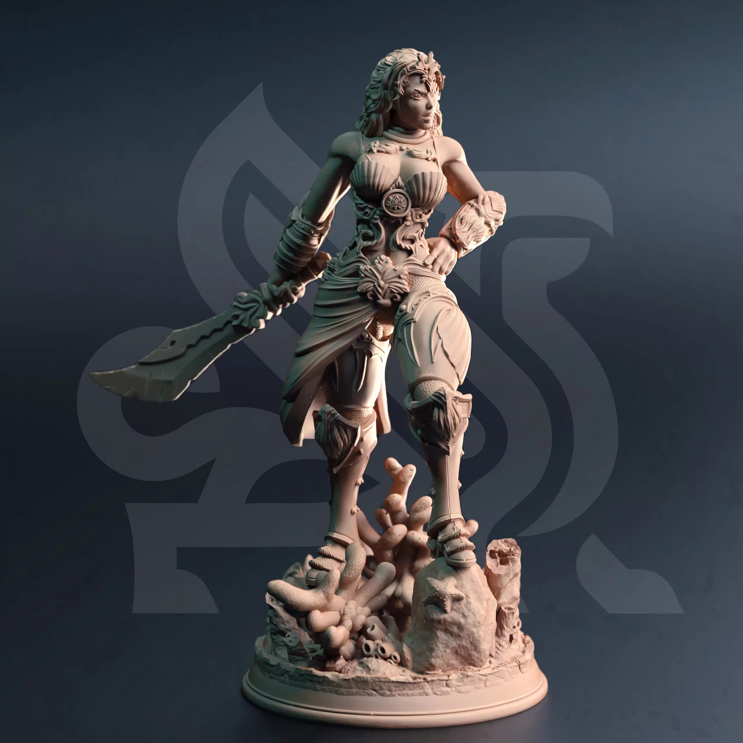 Inedra-Ki The Wave Breaker Elemi fighter miniature by DM Stash, resin printed ocean warrior NPC for fantasy tabletop RPG campaigns.