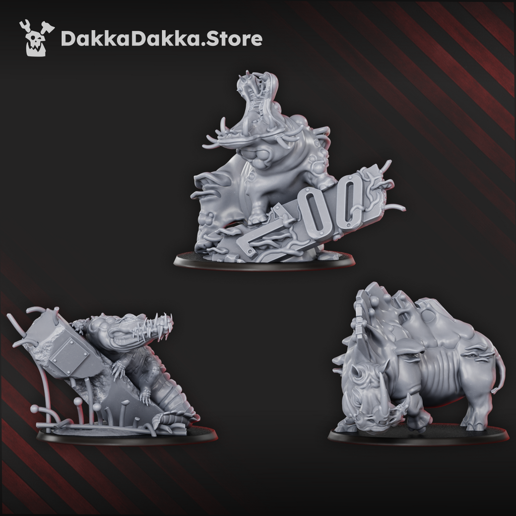 Infected Beasts by DakkaDakka, showing three mutated resin monster miniatures with corrupted creature details, battlefield debris, tusks, claws, and large tabletop bases.