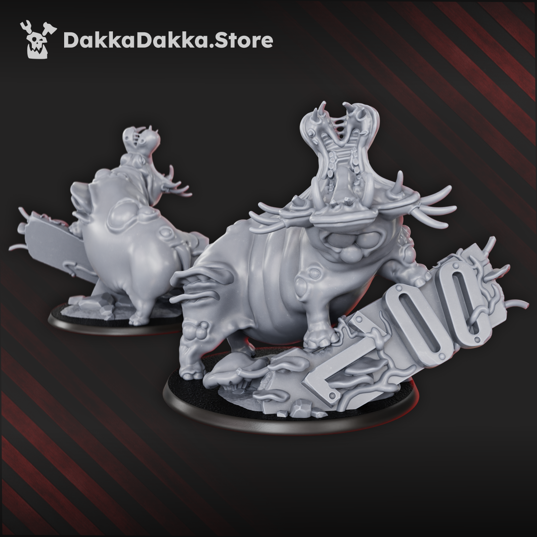 Mutated infected hippo-like beast miniature by DakkaDakka with organic growths, spines, tusks, and battlefield debris on a scenic base.