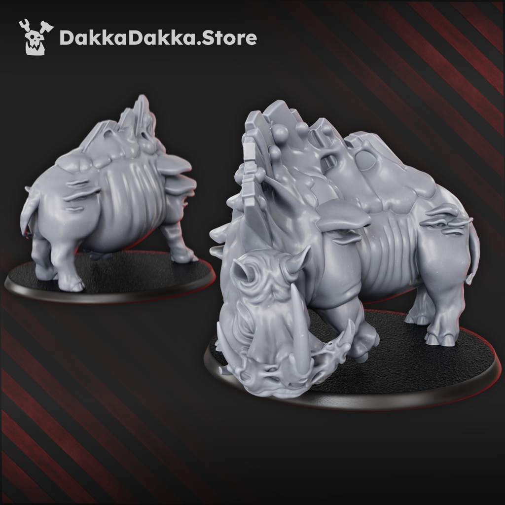 Rhino-like infected beast miniature by DakkaDakka with bulky mutated body, tusks, organic growths, and corrupted monster details.