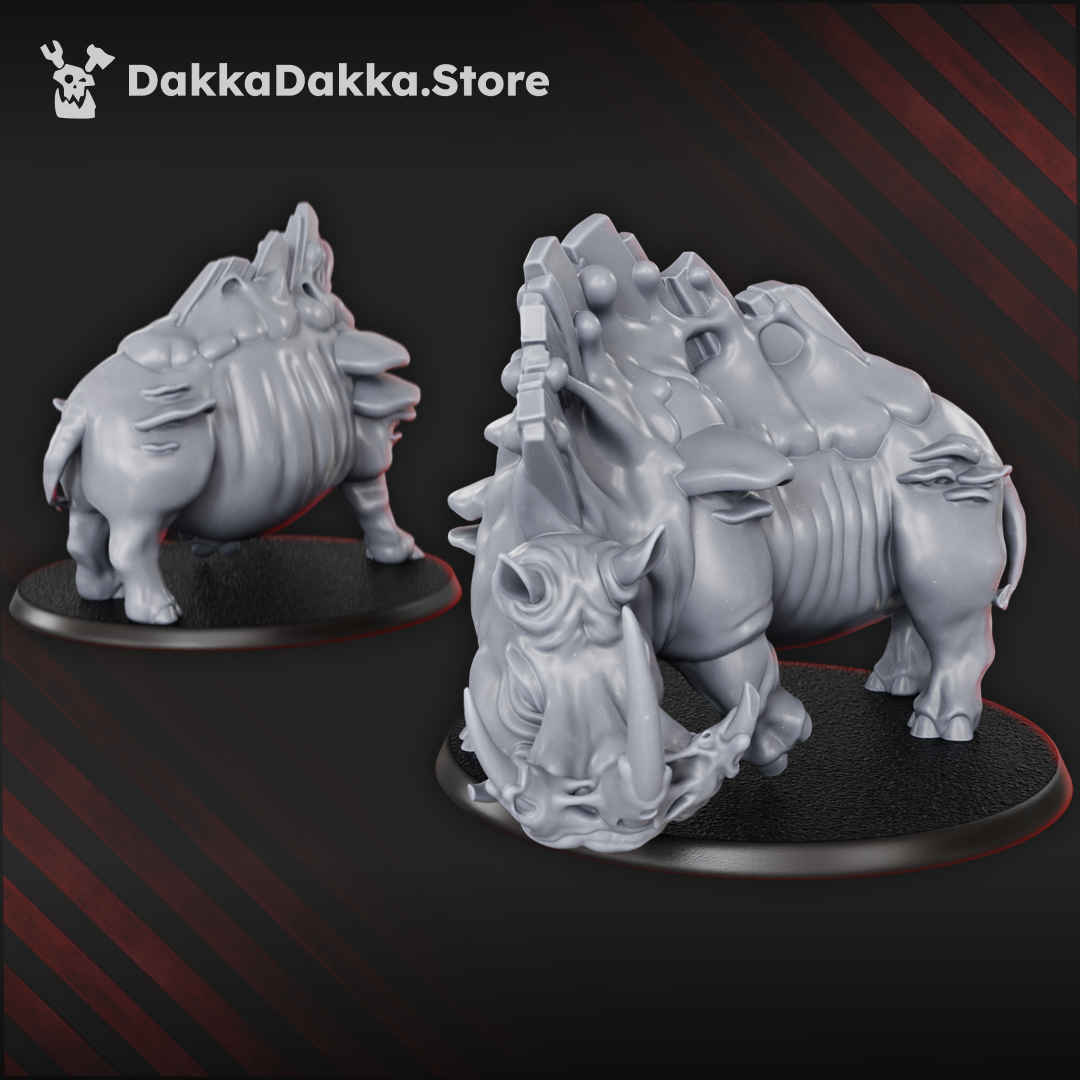 Rhino-like infected beast miniature by DakkaDakka with bulky mutated body, tusks, organic growths, and corrupted monster details.