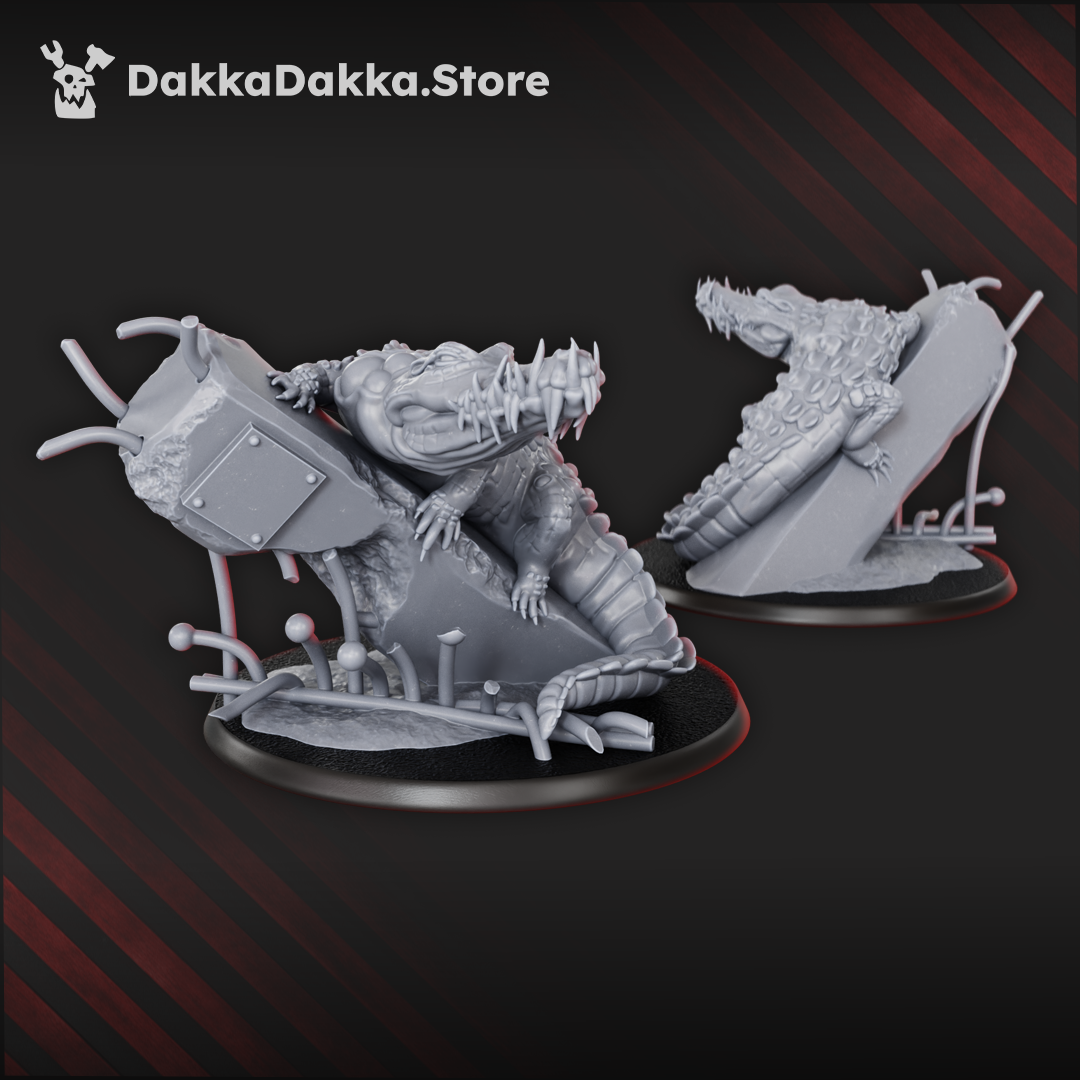 Crocodile-like infected beast miniature by DakkaDakka climbing over battlefield debris with claws, spines, and mutated horror details.