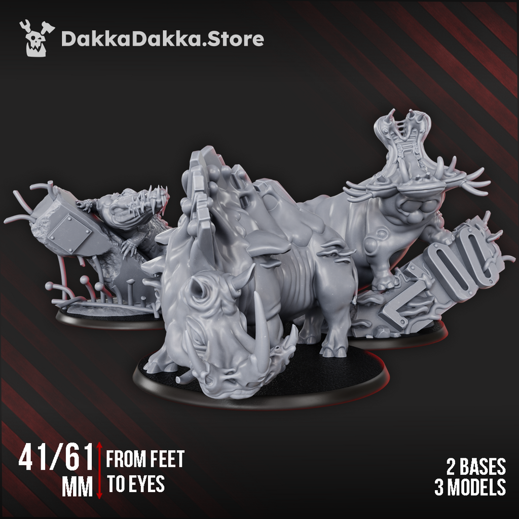 Infected Beasts by DakkaDakka, a 3-model resin monster set with two bases, showing mutated creature miniatures with tusks, claws, organic growths, and corrupted tabletop horror details.
