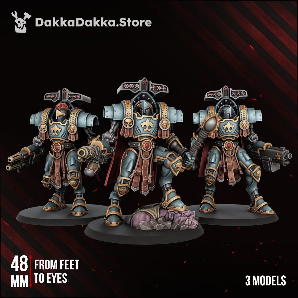 Three painted Insolentis Exosceletus modular heavy exosuits with ranged and melee weapons, showing the 48mm feet-to-eyes scale and three-model set.