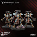 Three painted Insolentis Exosceletus modular heavy exosuits with ranged and melee weapons, showing the 48mm feet-to-eyes scale and three-model set.