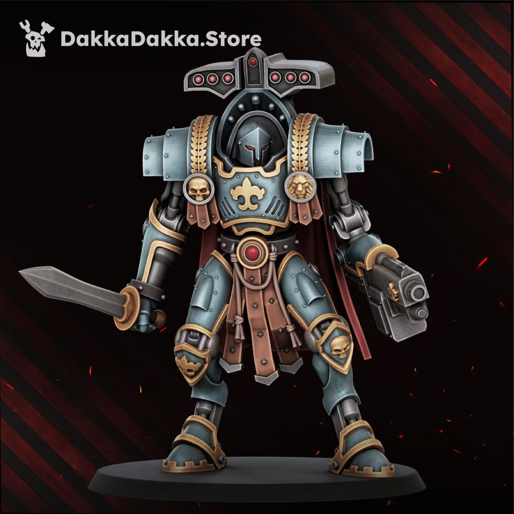 Painted Insolentis Exosceletus heavy exosuit with a sword, compact sci-fi firearm, armored plates, and cape.