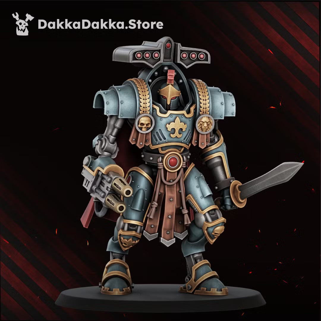 Painted Insolentis Exosceletus heavy exosuit with a multi-barrel weapon, sword, helmet crest, and layered armor.