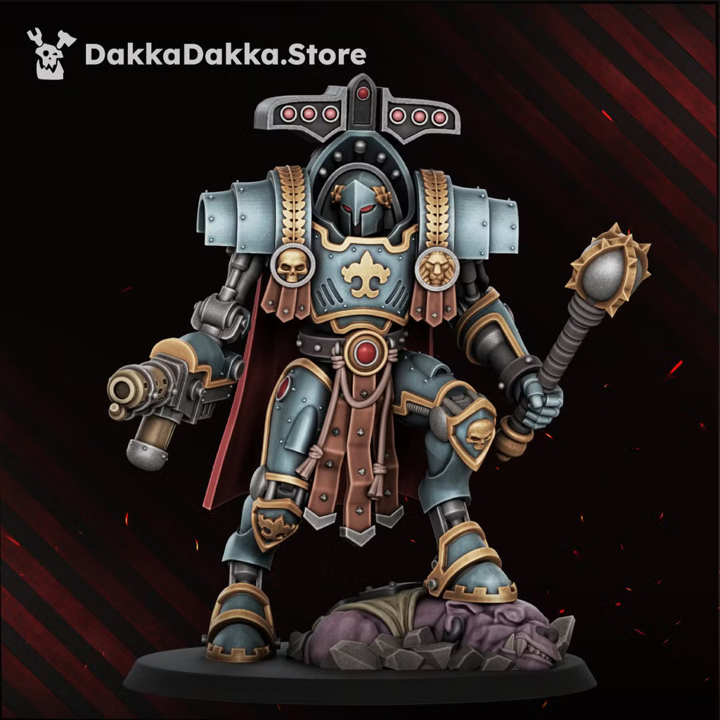 Painted Insolentis Exosceletus heavy exosuit with a heavy sci-fi weapon, spiked mace, cape, and scenic base detail.